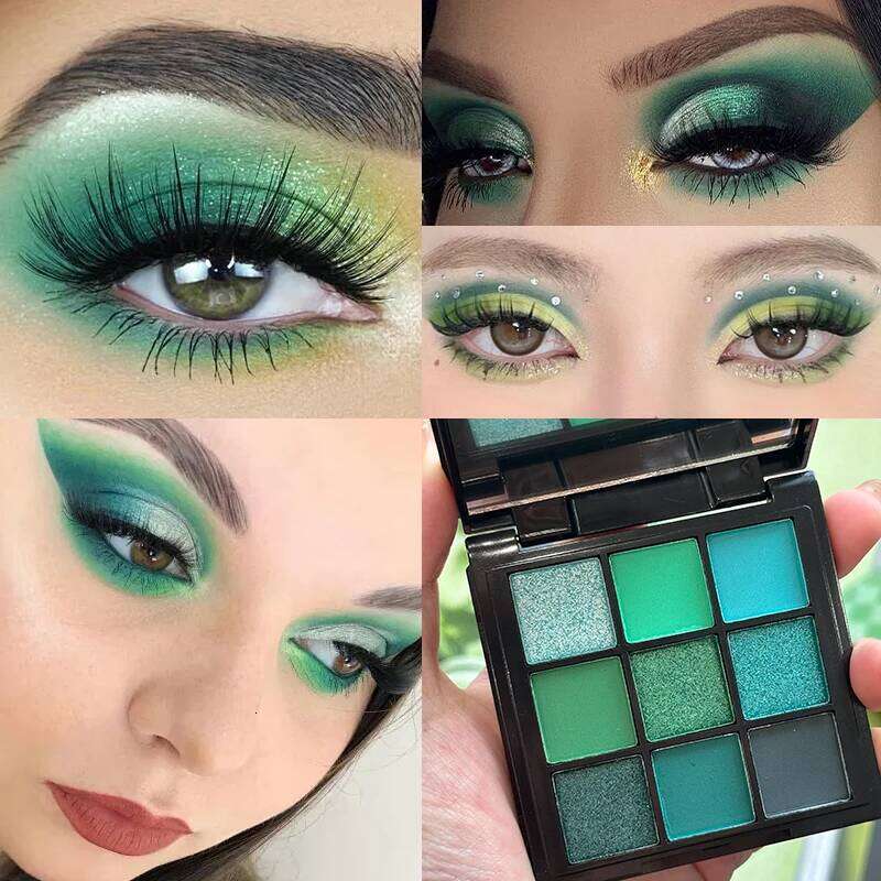 9 Colors Pea Eyeshadow Palette, Pearly Glitter Sequins Finish Green Color Colorful Stage Makeup for For sic Festival free shipping