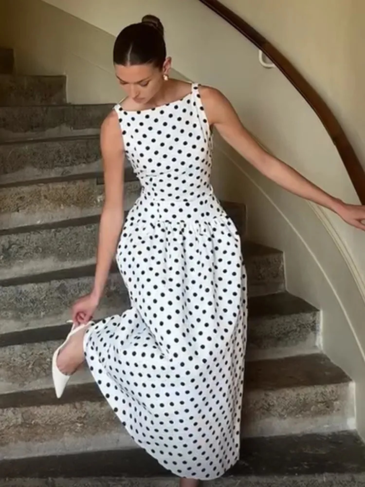 Elegant Women Polka Dot Maxi Dresses Chic Sleeveless Round Neck High Waist Slim Long Lady Party Street Dress 250611