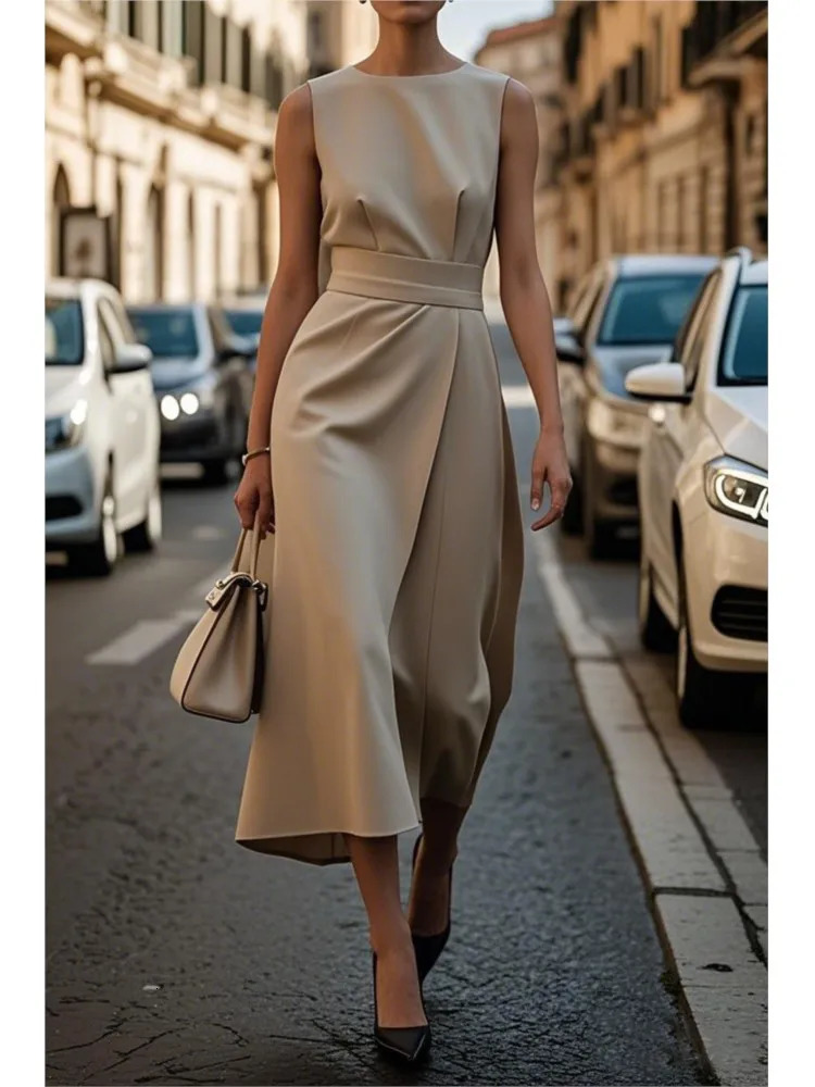 Fashion Casual Long Dress Female Sleeveless Oneck Solid Color Waistclosing Women Dresses Elegant Office Ladies Summer 250611
