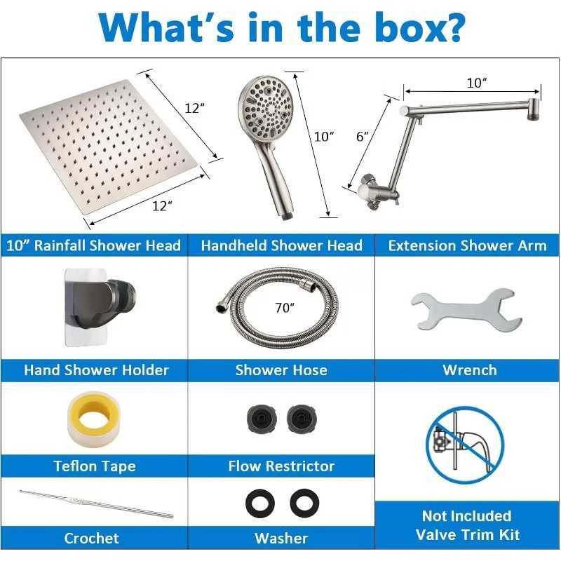 Bath 12 Rainfall Shower Head with Handheld Spray Dual Rain Showerhead with High Pressure 10-Setting Wand Combo X250612