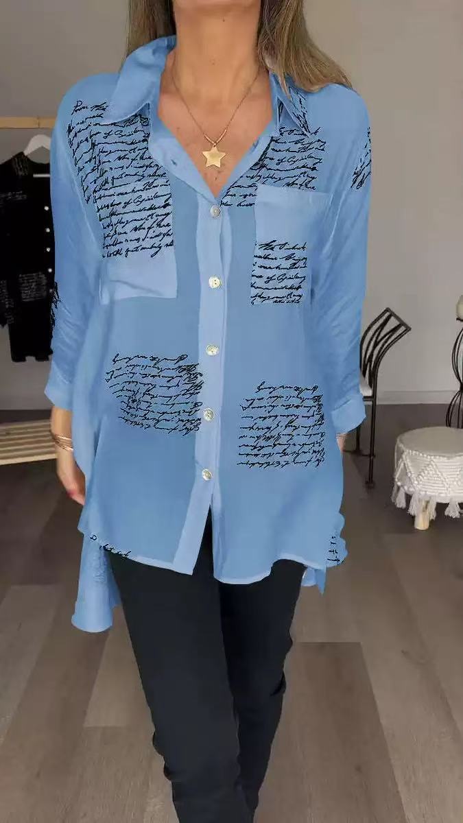 Newly Womens Button V Neck Letter Print Shirt Lace up Ladies Single Breasted Autumn Lantern Sleeve Loose Tops Blouse