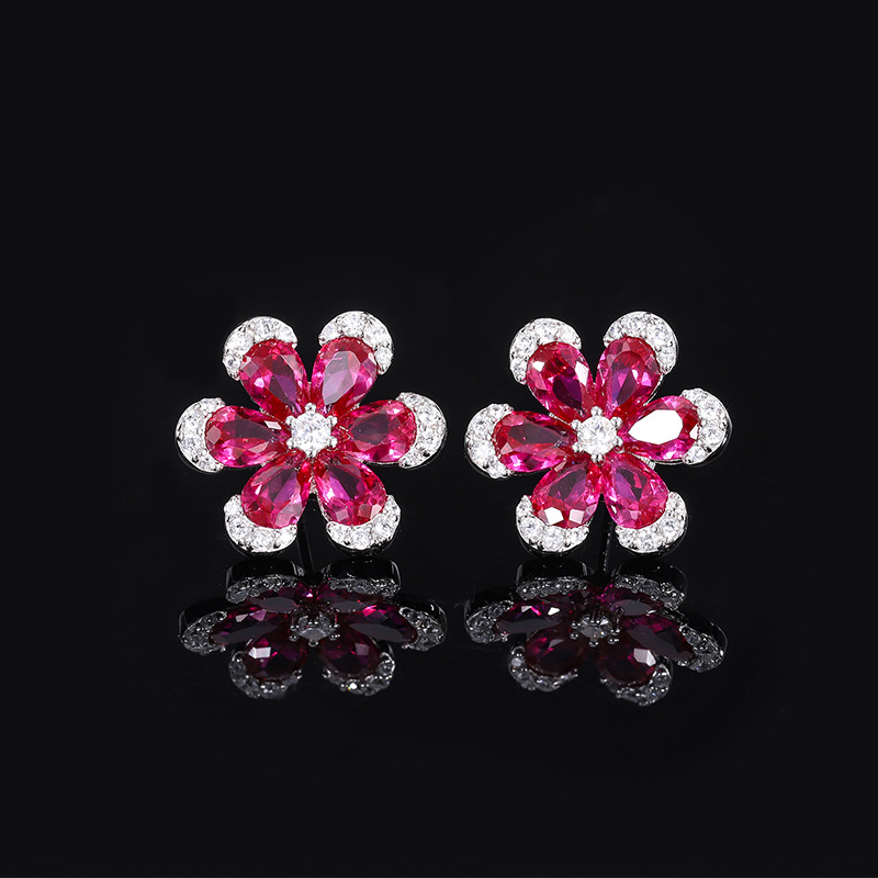 S925 Silver Best-Selling Faux Ruby Flower Set, Luxury Jewelry Necklace, Earrings & Ring Set, Perfect for Weddings and Special Occasions