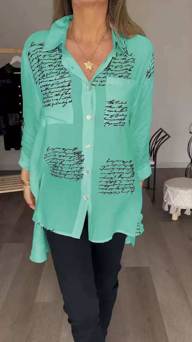 Newly Womens Button V Neck Letter Print Shirt Lace up Ladies Single Breasted Autumn Lantern Sleeve Loose Tops Blouse