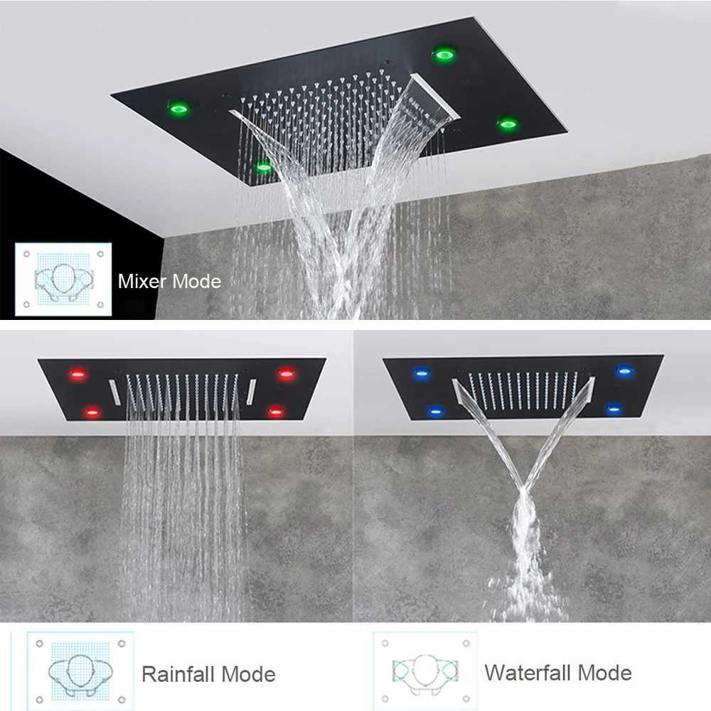 Black Ceiling Intelligent Remote Control LED Rainfall Waterfall Single Shower Head Concealed Shower Tap X2506121