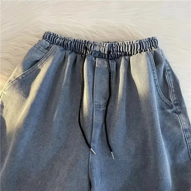 Japanese Vintage Washing Denim Shorts Mens Summer LooseFit WideLeg Beach Pants Sports Casual MidLength 250611Z