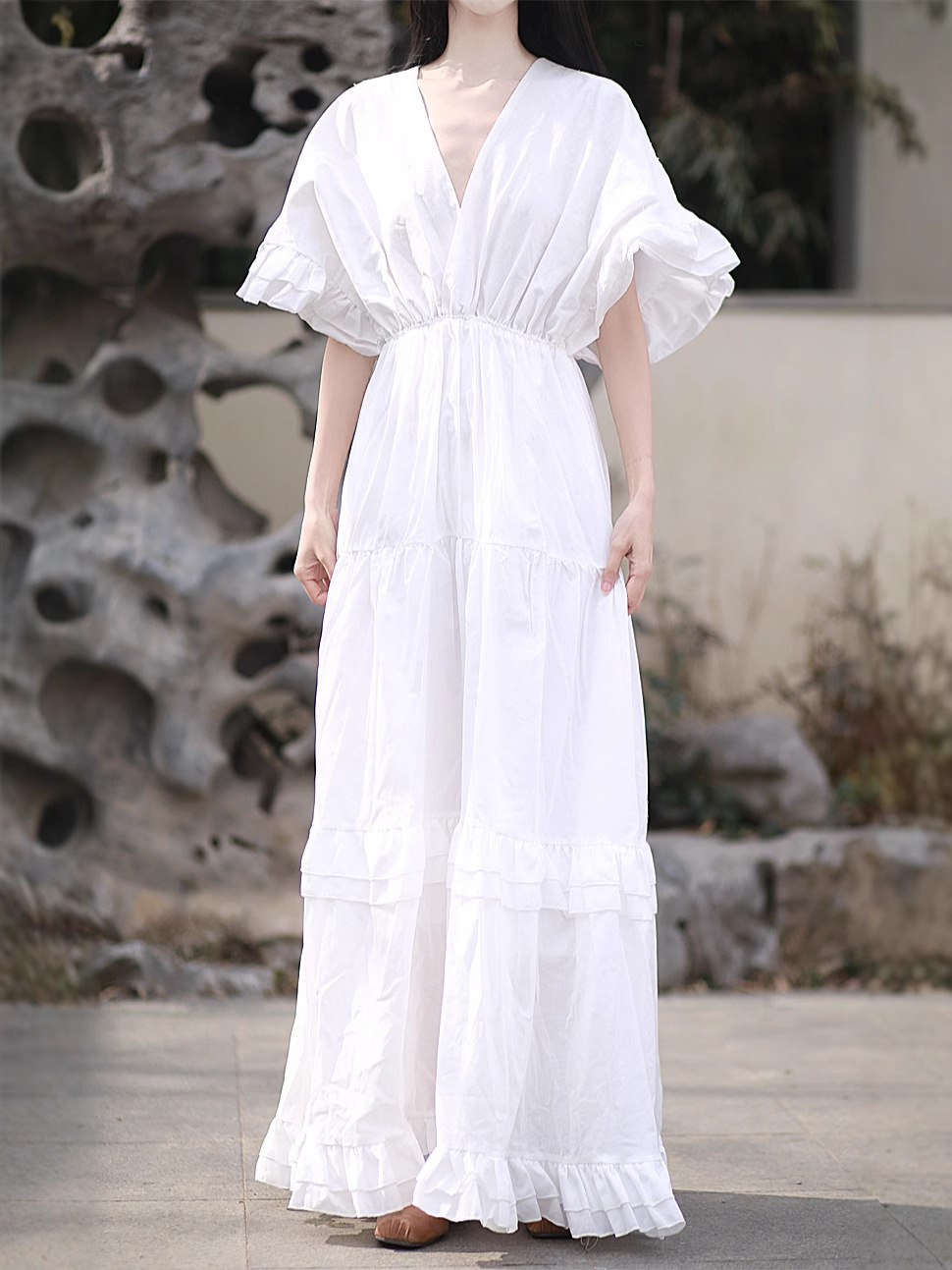 PLD250 Cotton double-layer ruffle dress summer seaside holiday style travel photography big swing skirt