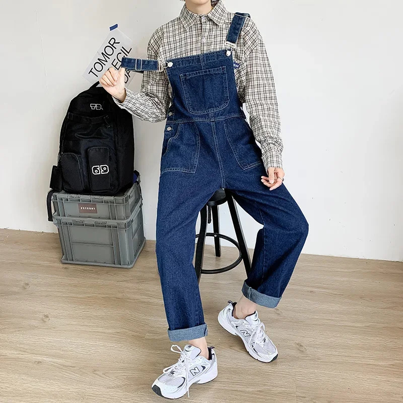Mens Jeans Denim Overalls Loose Plus Size Cropped Pants Straight Suspenders Jumpsuits Pockets Blue Cowboy Trousers 250611Z