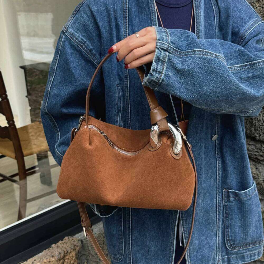 Designer Bag Motingsome Natural Suede Bag Women Underarm Saddle Bags Fashionable Mini Tote Crossbody Genuine Leather Pouch Handbag New