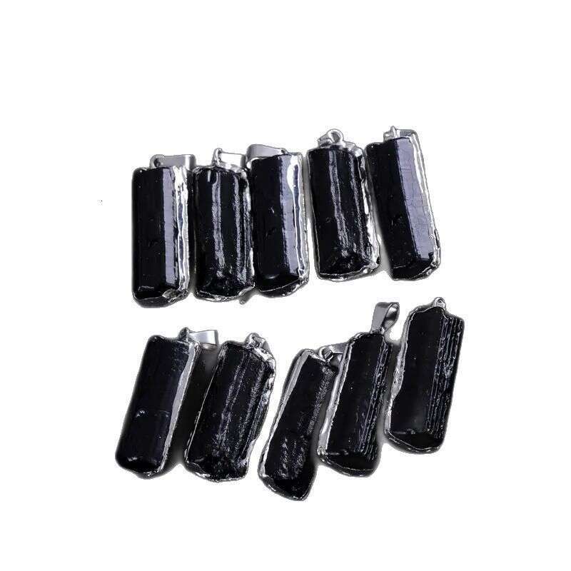 Natural Black Tourmaline Gilded Crystal Rough Stone Irregular Leather Cord Necklace Jewelry Pendant