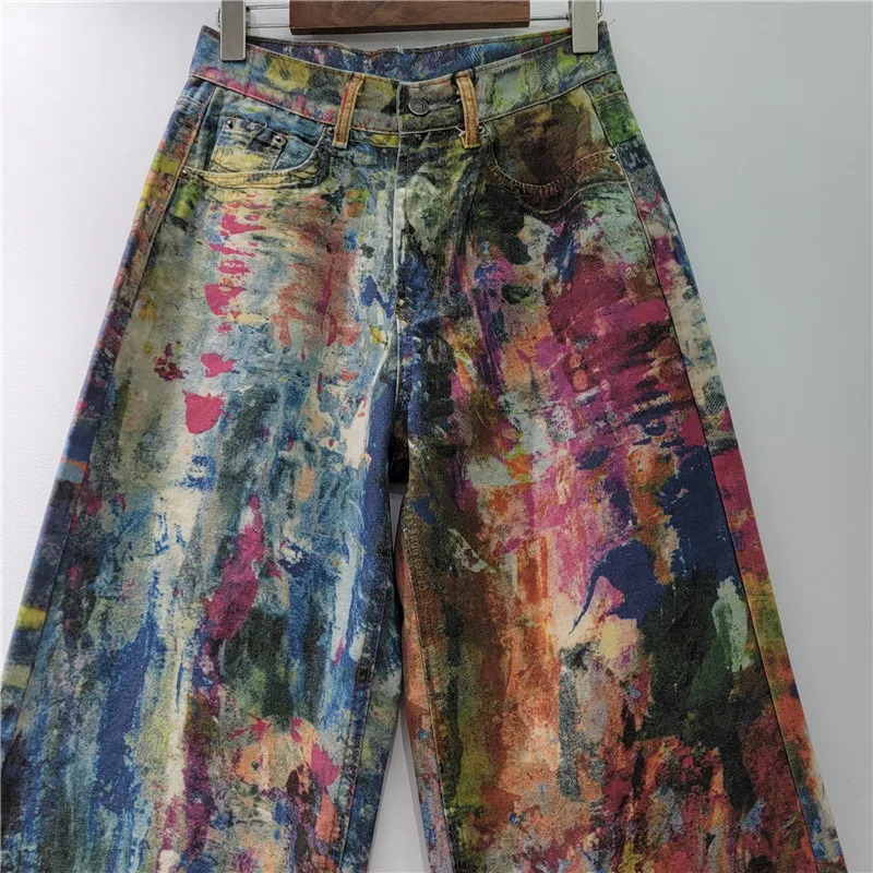 Retro Women Hand-Painted Splashed Ink Palette Jeans Tie-dye Graffiti Streetwear Denim Pants Wide Legs Straight Cowboy Trousers 250611