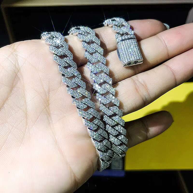 Wholesale Luxury Customized S925 Silver Cuban Chain 12mm Baguette VVS Moissanite Diamond Hip Hop Jewelry Cuban Link Necklace