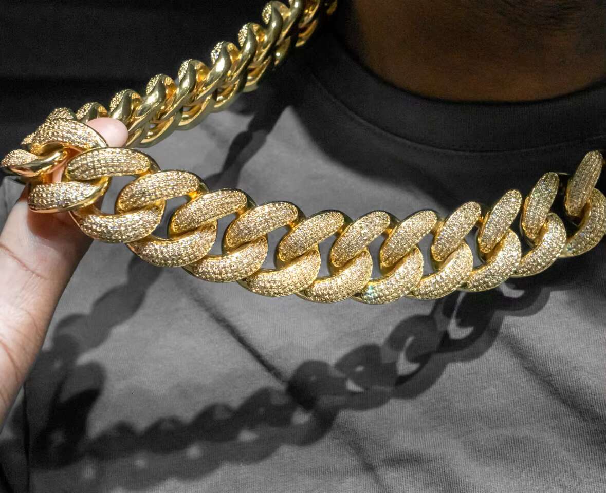 25MM Solid 925 Silver Hip Hop Cuban Link Chain 18K Gold Plated with Studded VVS1 Moissanite Diamond Passes Tester 16-30 Inches