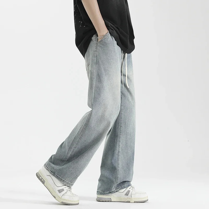 Summer Thin Mens Loose Jeans Wide Leg Fashion Korean Style Drawstring Straight Vintage Wash Denim Pants Streetwear Men Trousers 250611Z