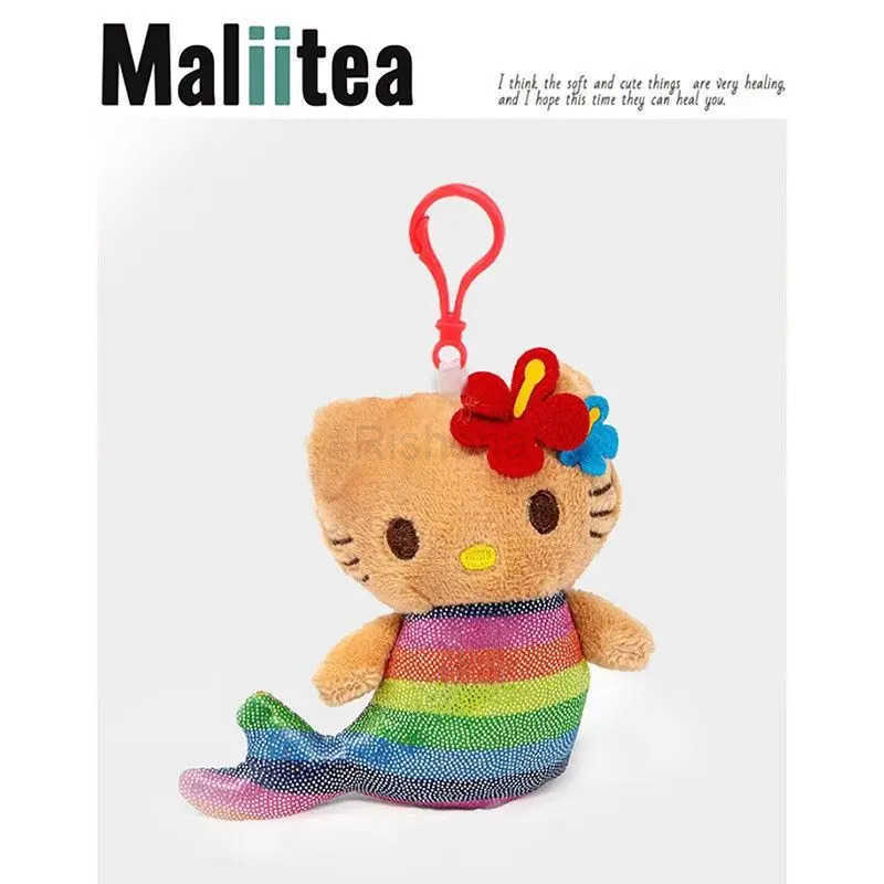 Sanrio Hawaii Anime Series KeyChain Hello Kitty Dark Skin Plush Stuffed Cartoon Plush Doll Bikini Pineapple Bag Pendant Cute Toy X250612