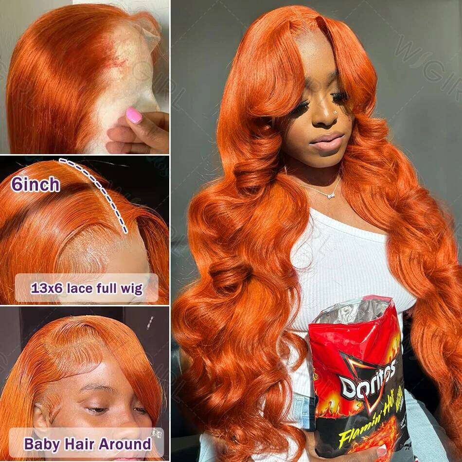 30 32 Inch Orange Body Wigs Brazilian Ginger 13x6 HD Lace Frontal Water Wave Human Hair Wig For Women
