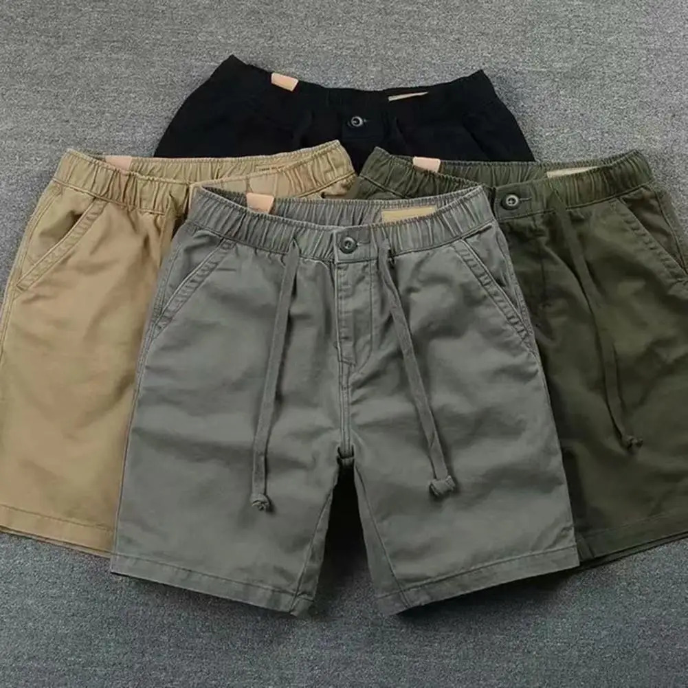 Summer Men Shorts Solid Color PatchPocket Drawstring Elastic Waist Half Trousers Casual Straight Male Cargo 250611Z