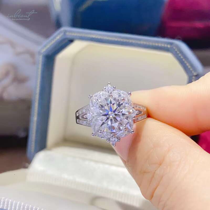 Silver 925 Original 2 Ct Brilliant Cut Diamond Test Past Sparkling D Color Moissanite Blossom Ring Teen Girls Fine Jewelry