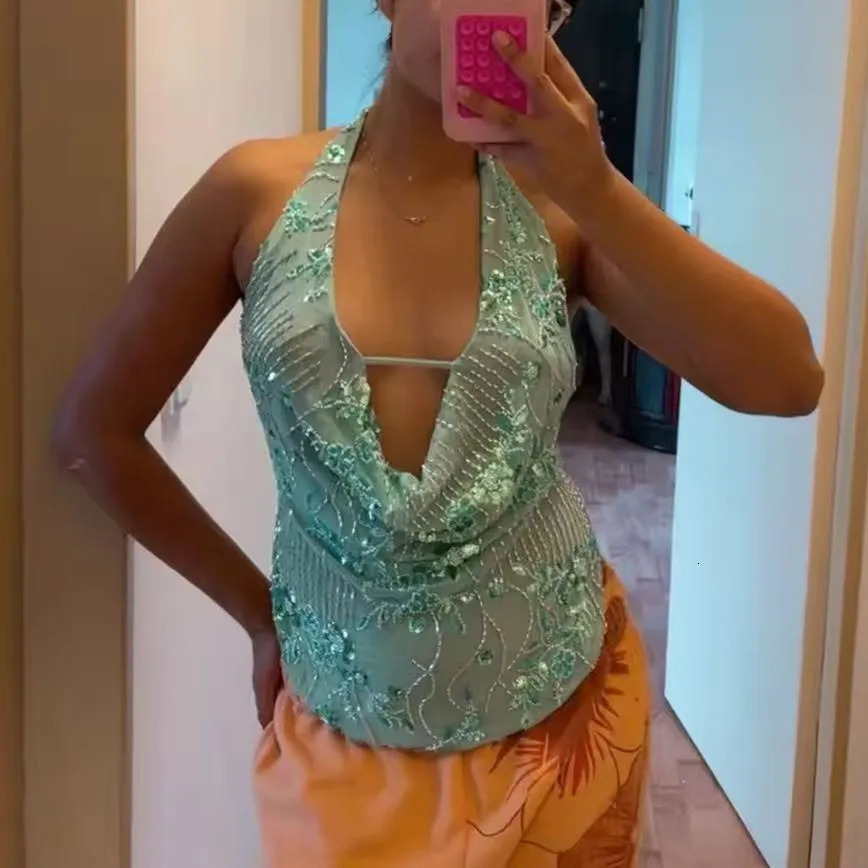 Sequin Halter Tops for Women Y2k Sparkly Sleeveless Backless Beaded Top Night Out Party Going Out Top Rave Summer Party Outfits 250611
