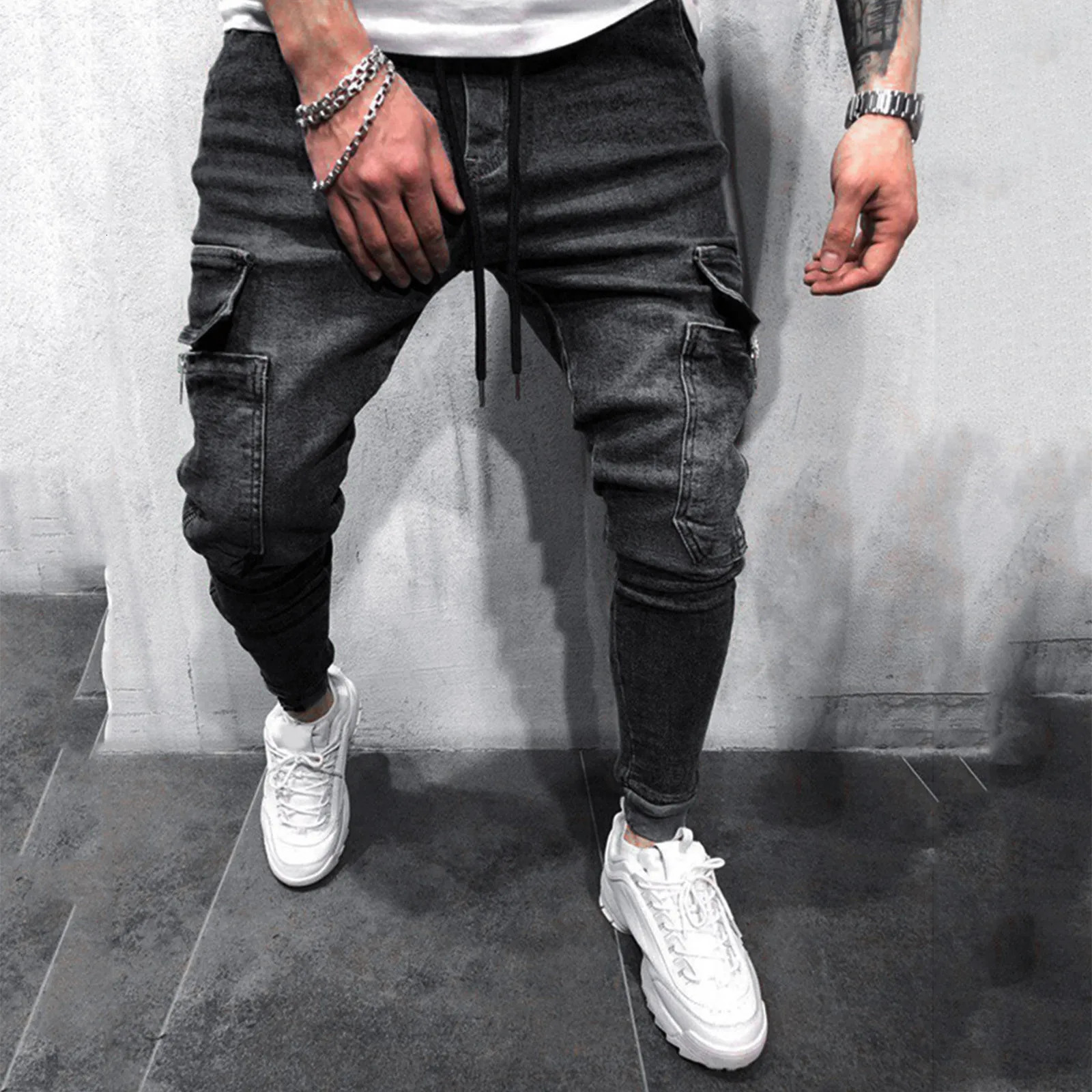 Summer Mens Fashion Pants Casual Pocket Waist Solid Color Slim Toe Jeans With Drawstring For Male Masculina 250611Z