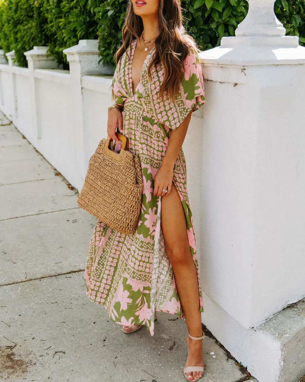 VEITCHE Summer Women Print Long Dress Sexy Vneck HighWaisted Split Bohemia Bat Sleeve Beach Vacation Party Dresses 250611