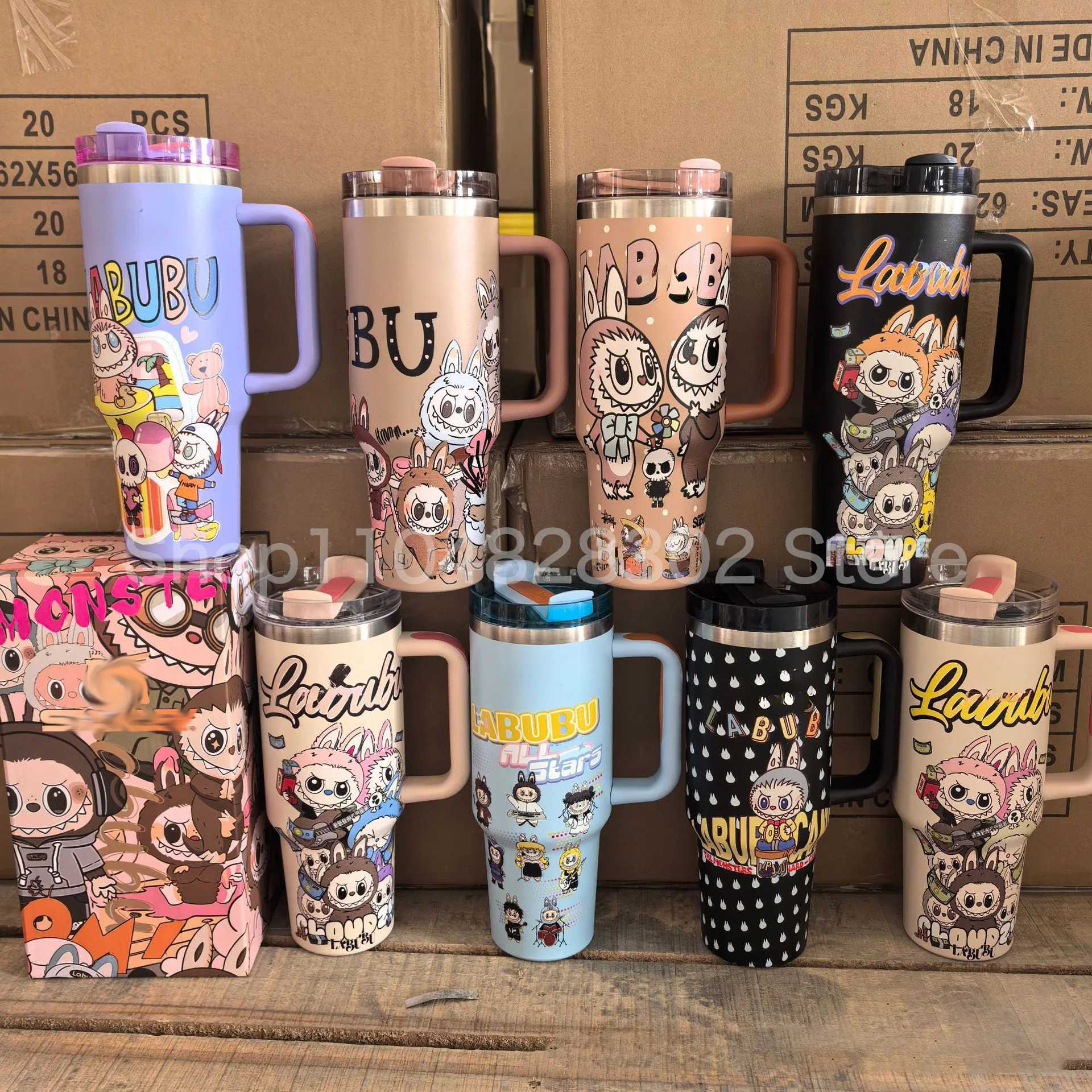 New labubu 40OZ stainless steel drum type tibial drive insulated cup with straw and lid large capacity car cup X250612