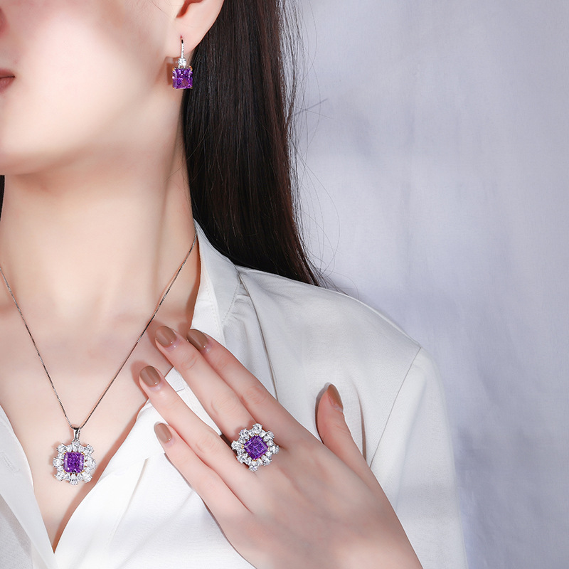 Chic Designer S925 Purplish Blue Gem Collection: Neckpiece + Ear Cuff Ensemble, Suitable For All Celebrations