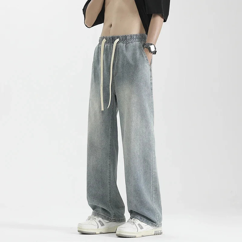 Summer Thin Mens Loose Jeans Wide Leg Fashion Korean Style Drawstring Straight Vintage Wash Denim Pants Streetwear Men Trousers 250611Z
