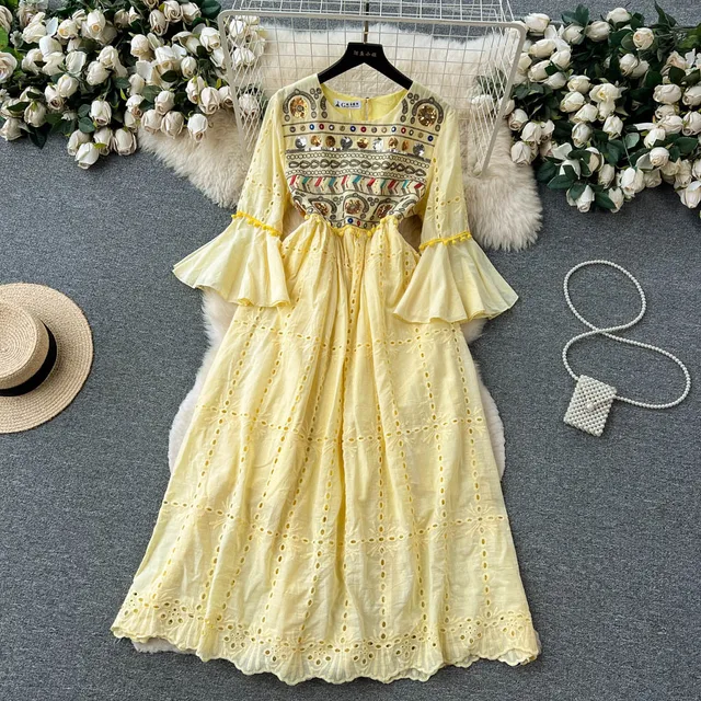 Hollow Out elegangt Dresses Ladies Slim A-line Sequin Embroidery Long Robe Vestidos Long Dress Women Summer Petal Sleeve