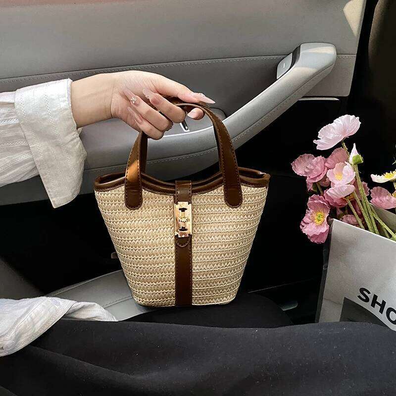 Women Small Basket PU Leather Straw Weaving Handbag Summer Travel Female Shoulder Cross Body Short Handle Bag