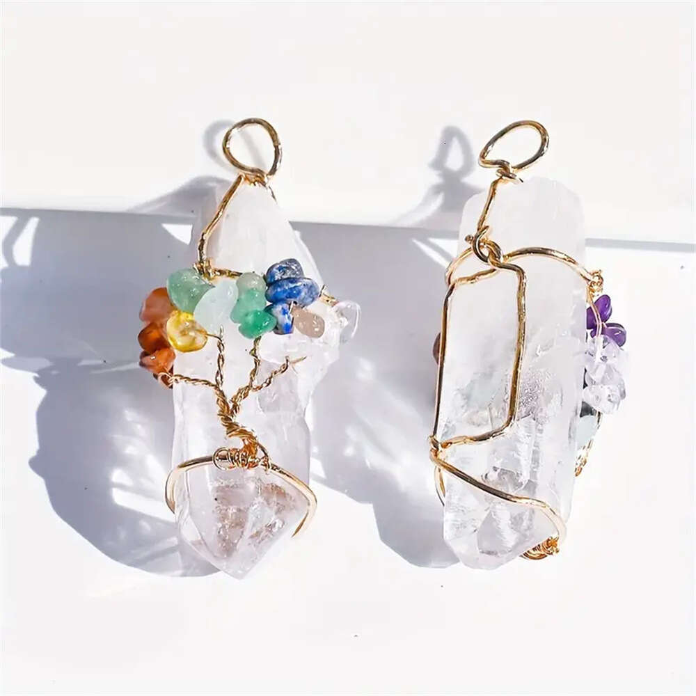 Natural Crystal Rainbow Tree of Life Column Pendant Irregular Hexagonal Point Wrapped Thread Necklace Hanging Ornament