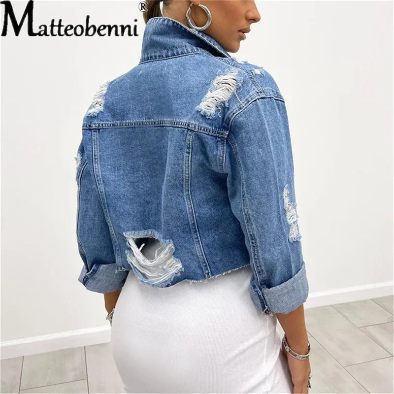 Women Sexy Slim Jackets Ripped Long Sleeve Turn-Down Collar Single Breasted Crop Denim Jackets Fashion Casual Street Clothes 250609
