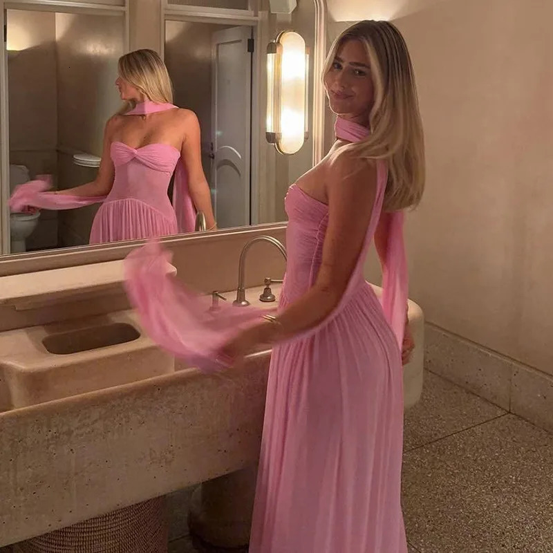 VEITCHE Summer Women Sexy Strapless Long Dress Female Through Mesh RobeHalter Scarf Mujer High Elasticity Maxi 250611