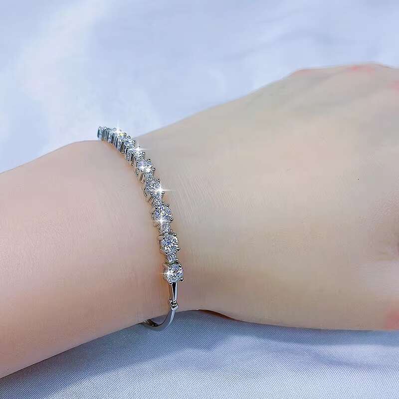 Fine Jewelry S925 Sterling Silver Full Diamond Moissanite Adjustable Bracelet for Women Birthday Gift