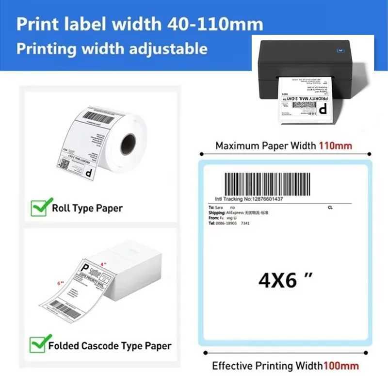 Inkless 4x6 Shipping Label Printer USB Bluetooth Express Waybill Address Barcode QR Code Adhesive Sticker Thermal Label Printer R250612