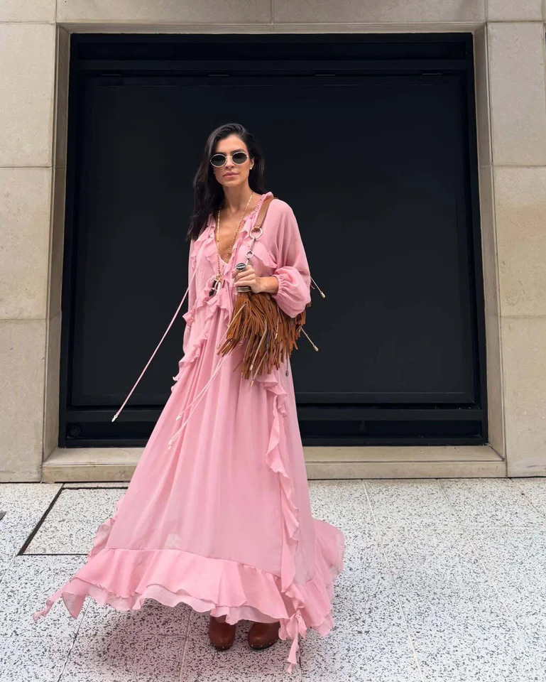 European and American style early autumn layered ruffled longsleeved chiffon dress 250611