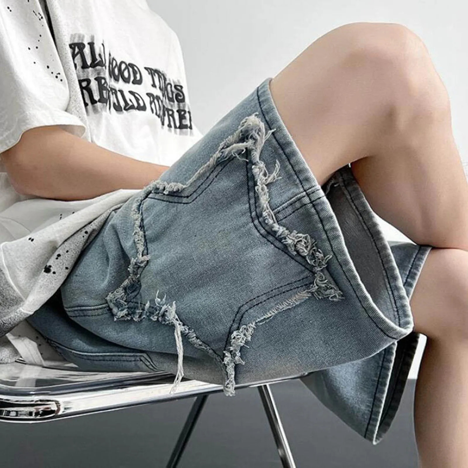 Fashion Denim Shorts For Men Summer Comfortable High Waist Drawstring Short Pants Mens Streetwear Star Loose Casual 250611Z