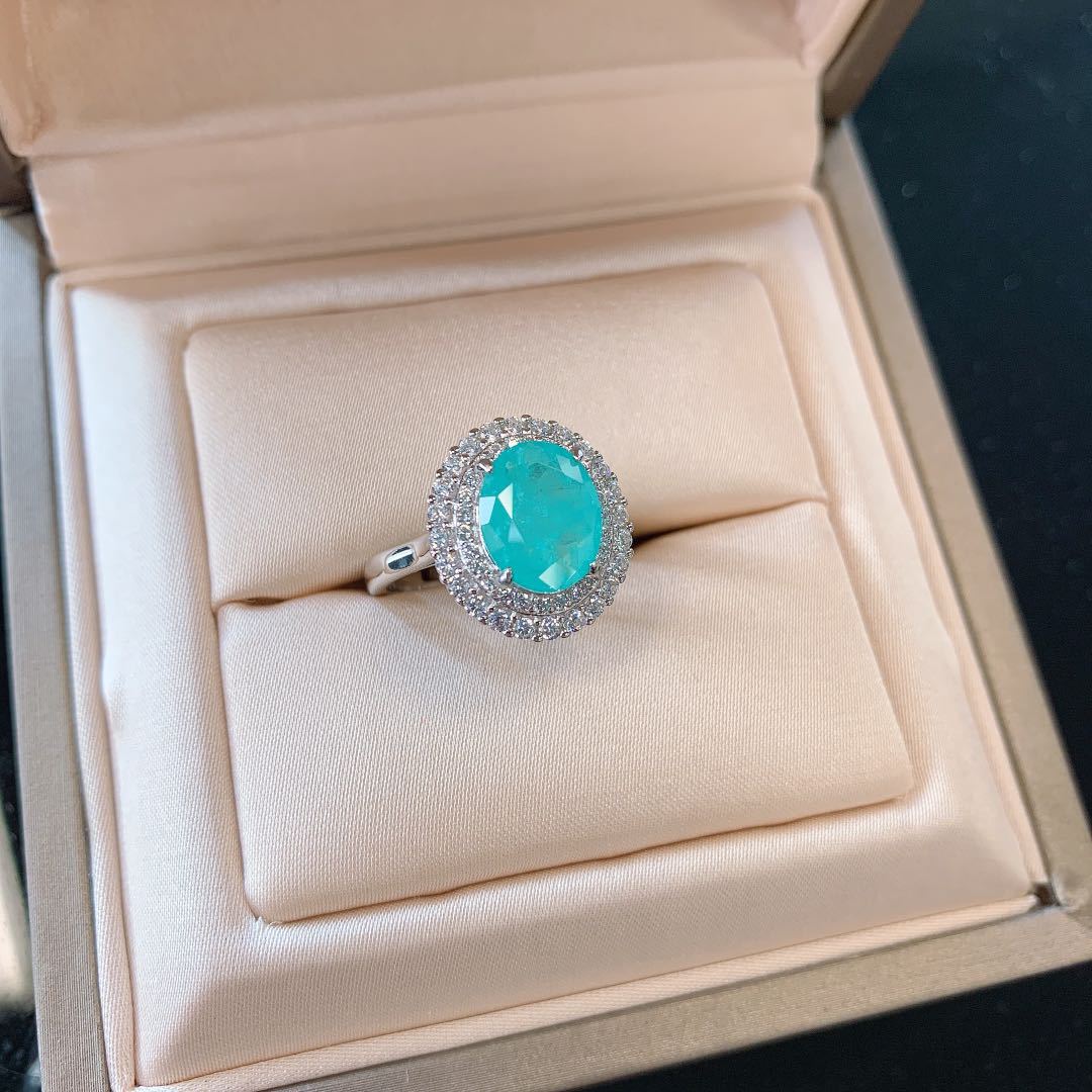 S925 Silver Classic Faux Paraiba Stone Ring Earrings Pendant Three-Piece Set, Wedding Jewelry Set, Stylish High-Quality Faux Gemstone Accessories