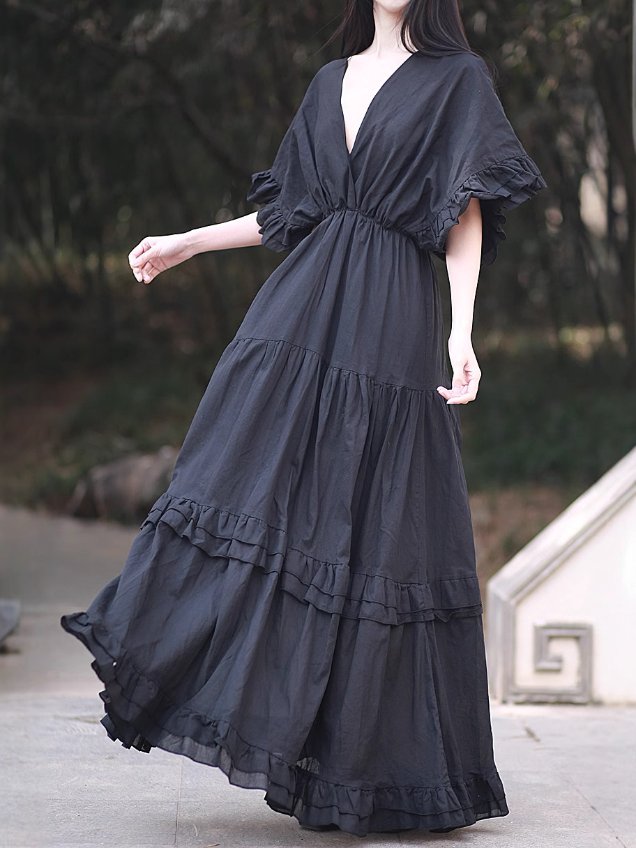 PLD250 Cotton double-layer ruffle dress summer seaside holiday style travel photography big swing skirt
