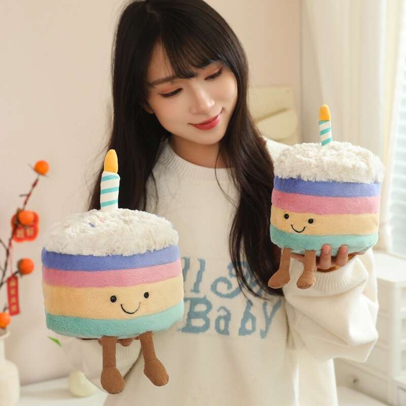 Cute JC Style Rainbow Cake Plush Toy Happy Birthday Doll Fun Atmosphere Gift