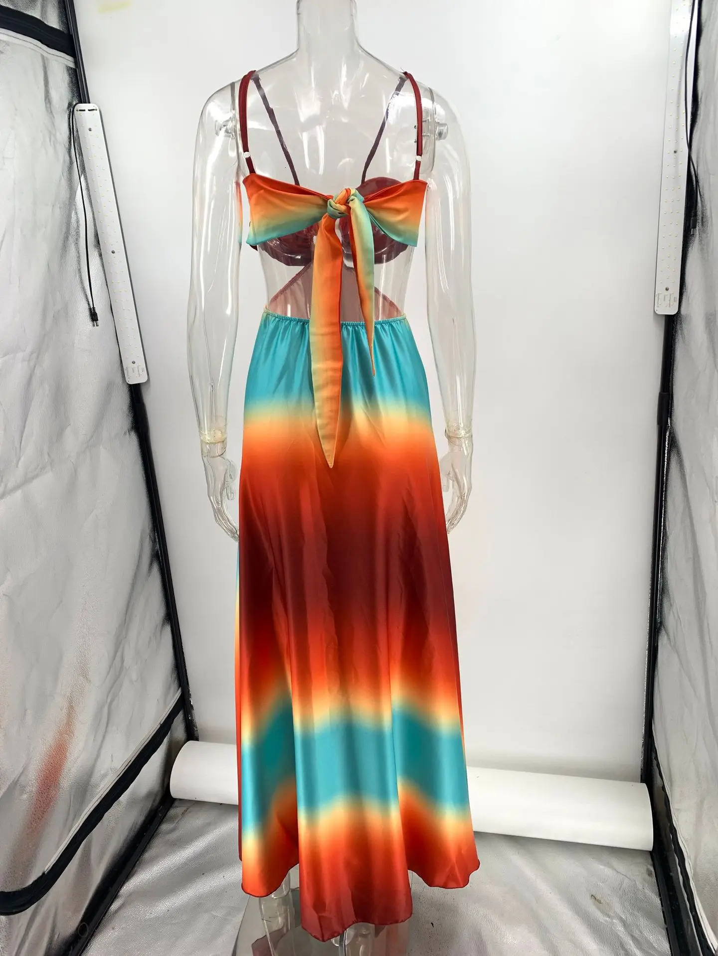 Sexy Gradient Hollow Out Maxi Dress Women Backless Sleeveless Sling Long Dresses Summer Vacation Boho Beach Satin Robes 250611