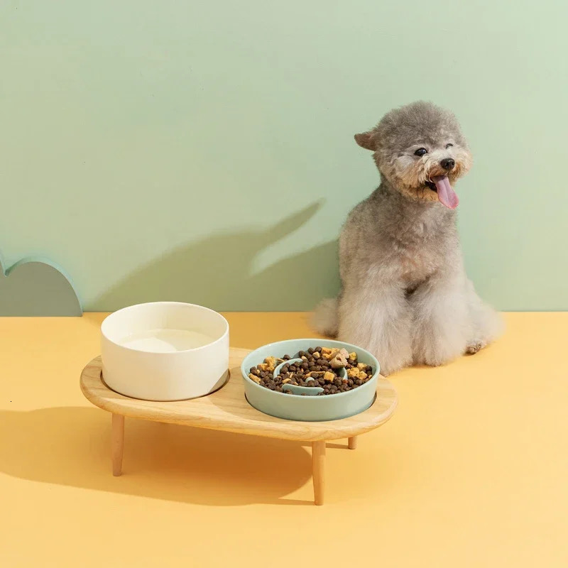 Small Dog Slow Feed Bowl Elevated Cat Drinking Eating Ceramic Bowls with Wooden Stand Pet Anti-Gulping Feeding Food Water Plate 250612