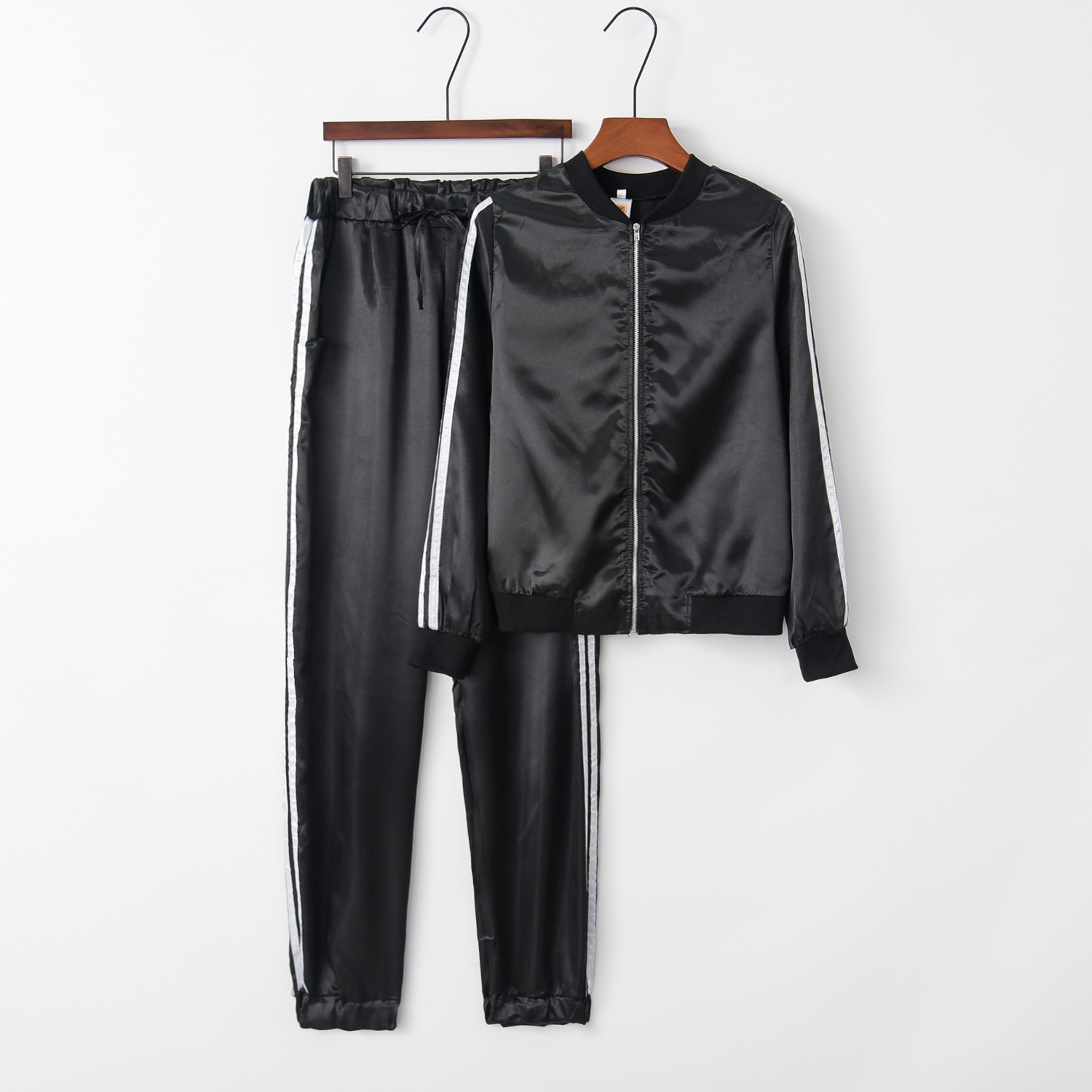 Two Piece Sets Woman Satin Tracksuits Long Sleeve O-Neck Top + Long Pant 2 Set Black Pink Track Suits Tracksuit200710