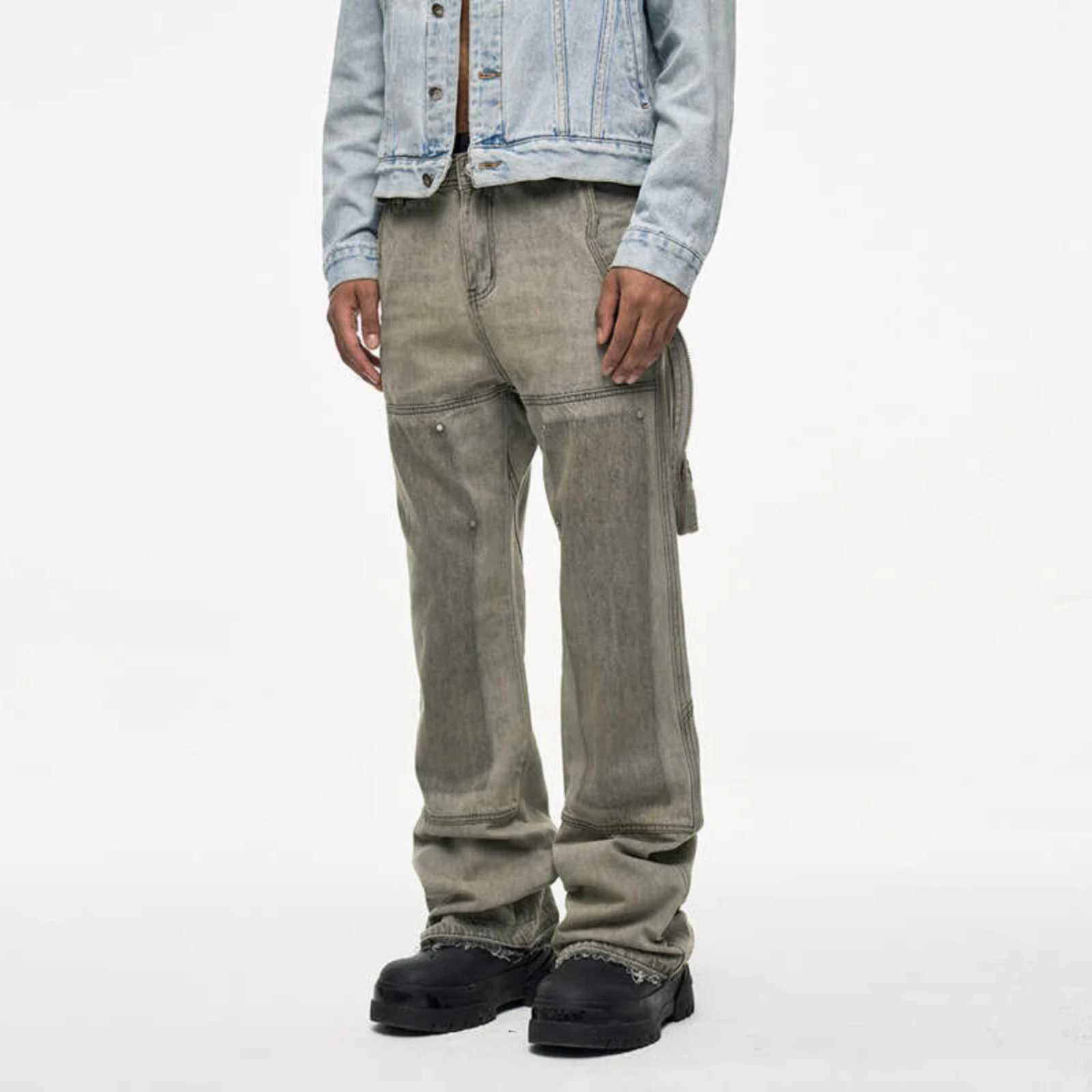 Viintage Splash Ink Distressed Flare Jeans Men Cargo Urban Streetwear Ribbon Washed Baggy Denim Jeans Logging Pants W250612