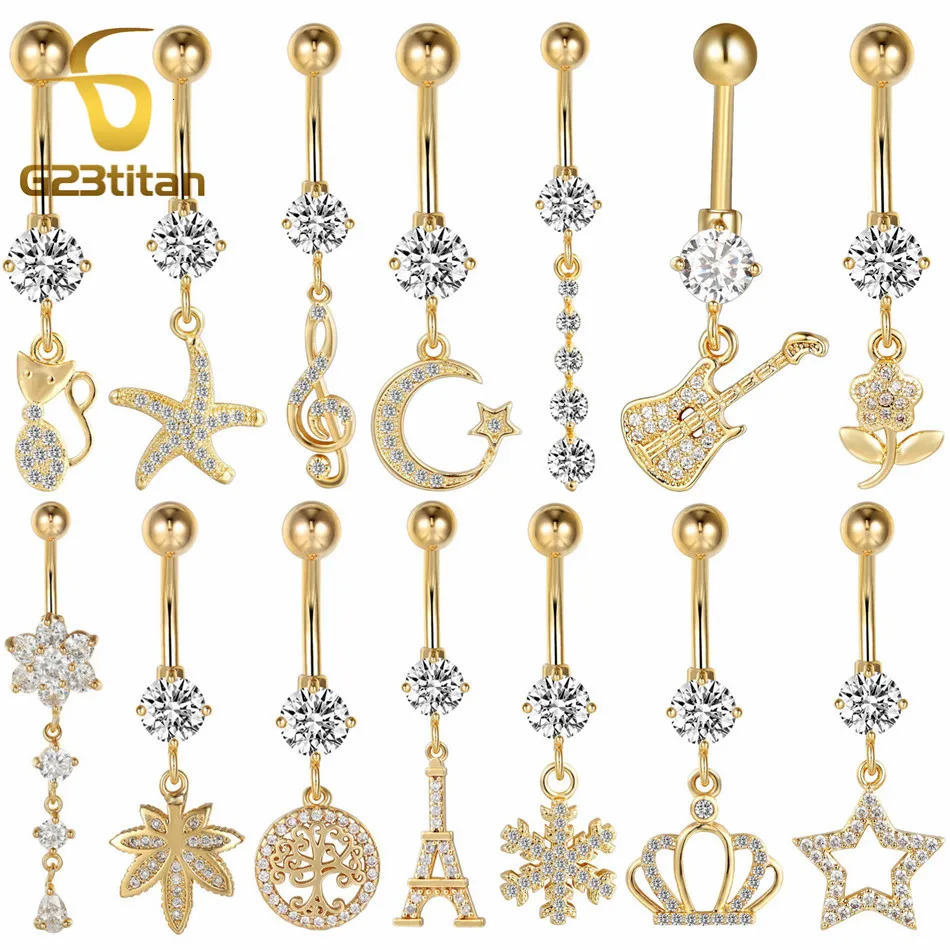 Crystal Zircon Pendant Dangle Belly Button Rings Gold Color Steel Navel Piercing Bars Sexy Women Body Jewelry 250611