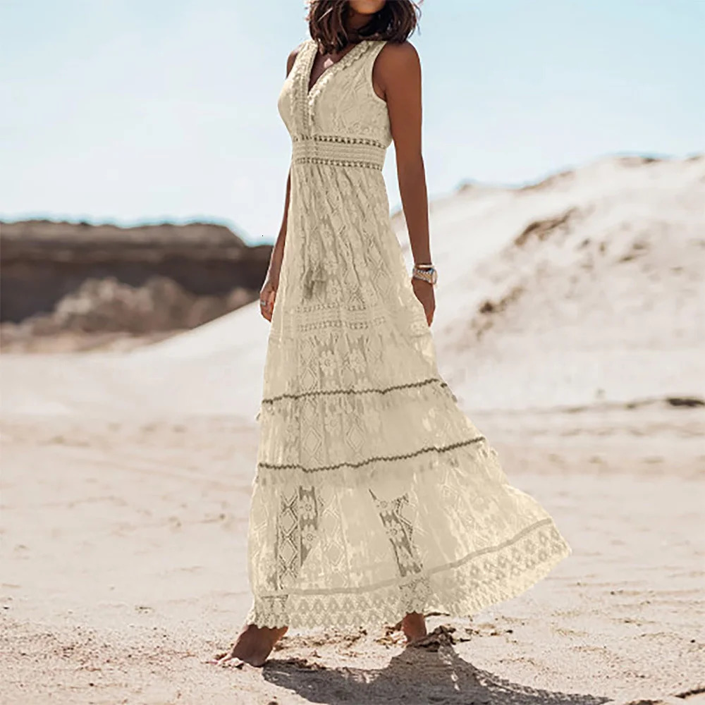Womens Boho Lace VNeck Fringe Sleeveless Tank Vest Maxi Long Dress Summer Ladies Casual Holiday Beach Vacation Sundress SXL 250611