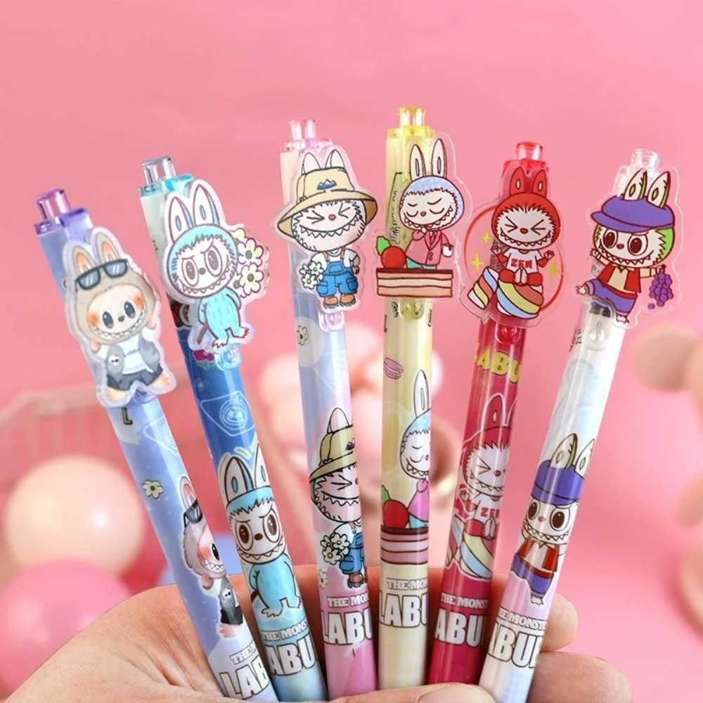 6Pcs Labubu Gel Ink Ballpoint Pen 0.5mm Black Office School Pens Smooth Writing Stationery Elementary Supplies Christmas GiftXJ250612