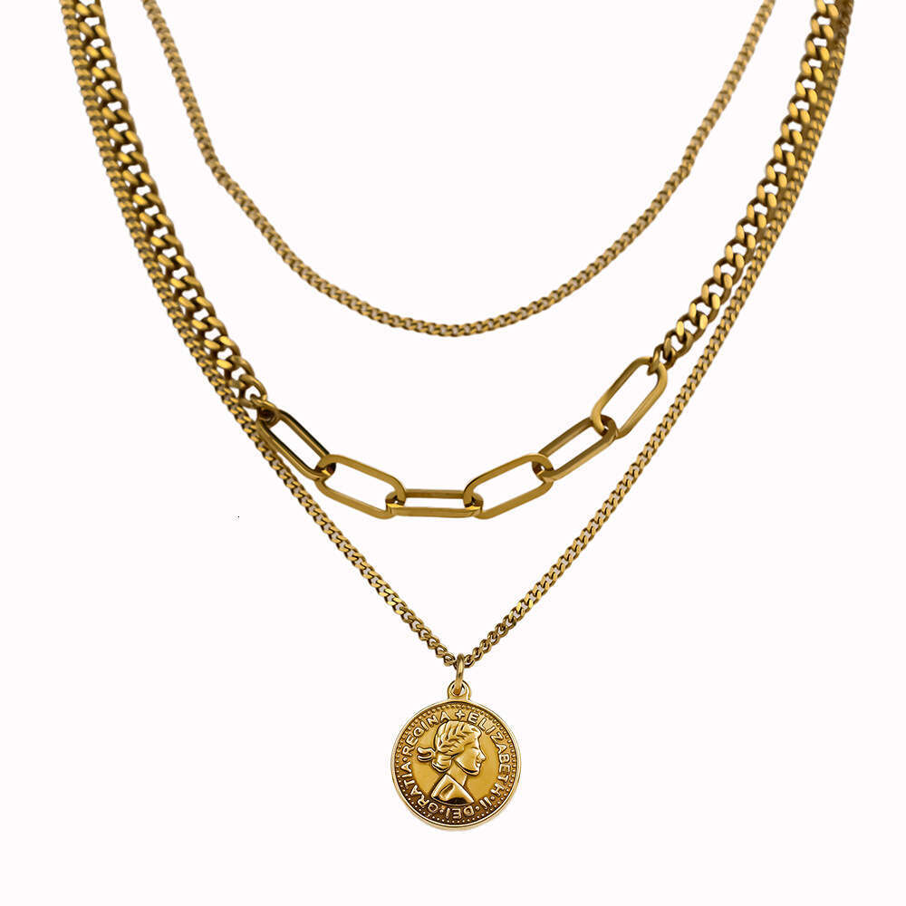 French Three-Layer Double-Sided Portrait Pendant Clavicle Chain for Women Ins Style High-End Titanium Steel Necklace