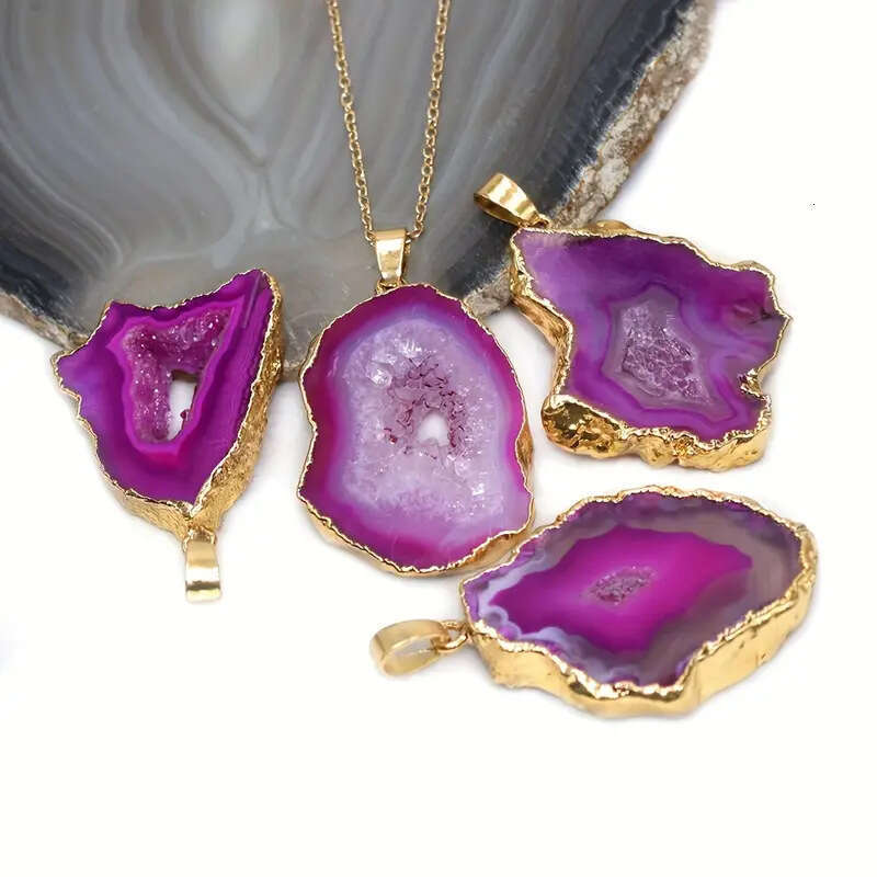 Natural Agate Geode Rough Stone Slice Gilded Edge Necklace Irregular Crystal Pendant