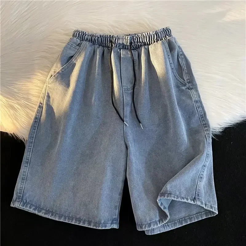 Japanese Vintage Washing Denim Shorts Mens Summer LooseFit WideLeg Beach Pants Sports Casual MidLength 250611Z