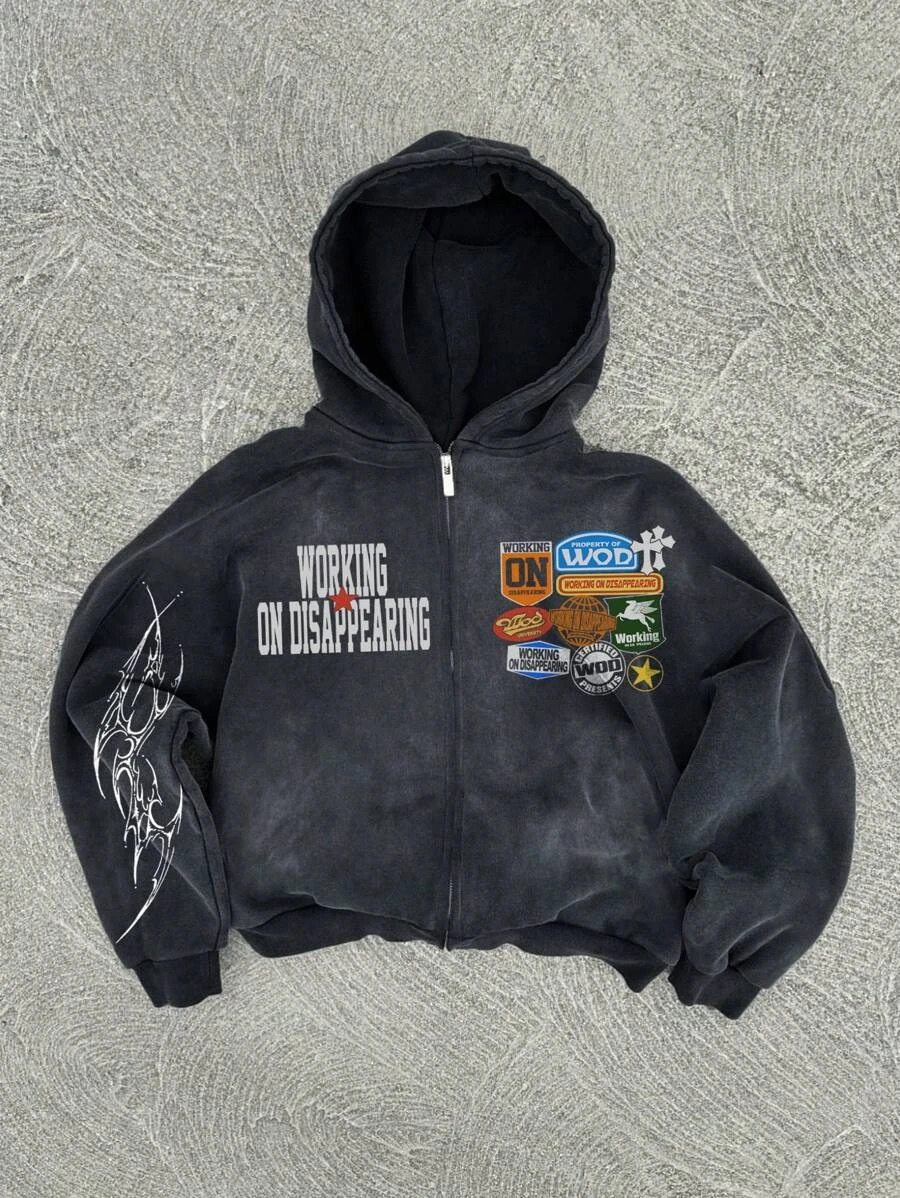 Y2K American hip-hop personality pattern print hoodie men clothing streetwear Harajuku jacket gothic casual Zip Up hoodies 250610